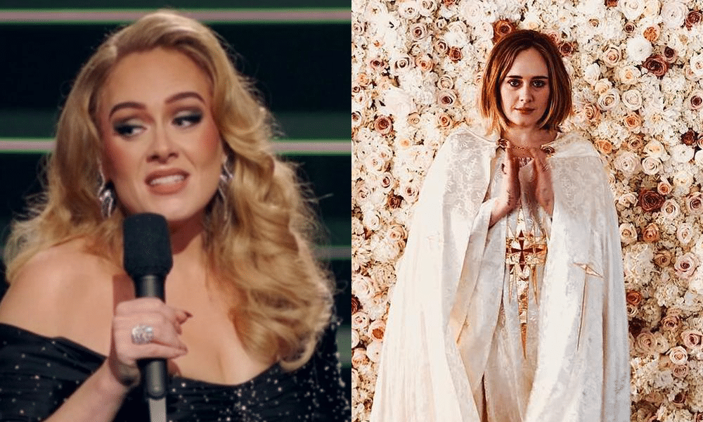 Adele holding a microphone in a black gown during her ITV show / Adele in a long white cape in front of a wall of flowers at Alan Carr's wedding