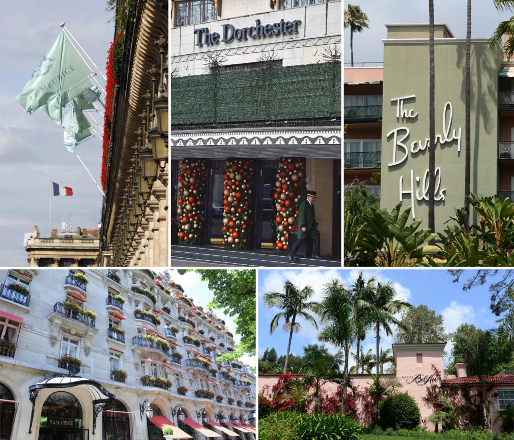 Brunei hotels boycott: Five of the nine Dorchester Collection hotels owned by Brunei: (top L-R) Hotel Meurice in Paris, The Dorchester in London, The Beverly Hills Hotel in Los Angeles, (bottom L-R) The Hotel Plaza Athenee in Paris and The Hotel Bel-Air in Los Angeles.