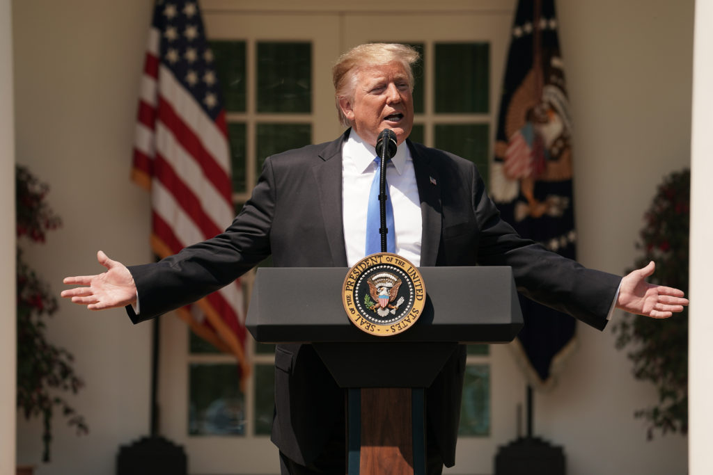 US President Donald Trump delivers remarks during a National Day of Prayer service in the Rose Garden at the White House May 02, 2019 in Washington, DC.