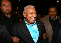 Frank Bainimarama speaks to Fiji First Party supporters as he leaves the Fiji Festival in 2014