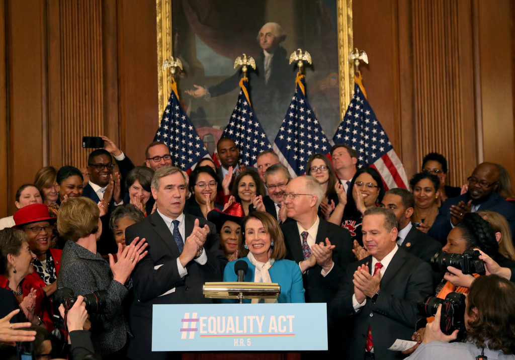 House Speaker Nancy Pelosi speaks during a news conference where House and Senate Democrats introduced the Equality Act of 2019 which would ban discrimination against lesbian, gay, bisexual and transgender people, on March 13, 2019 in Washington, DC.