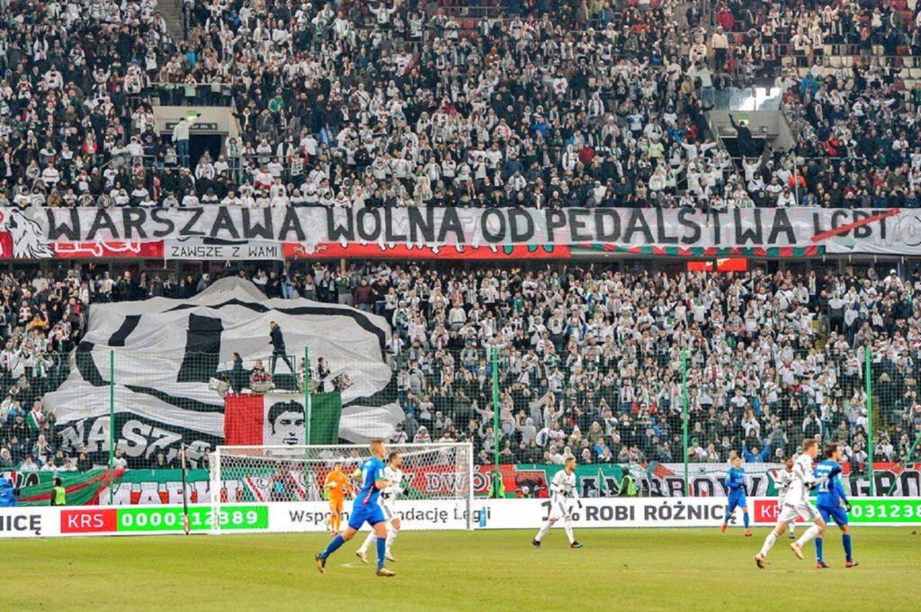 The banner displayed by Legia Warsaw fans at its Polish Army stadium