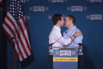 South Bend Mayor Pete Buttigieg greets his husband Chasten after announcing that he will be seeking the Democratic nomination for president during a rally in the old Studebaker car factory on April 14, 2019 in South Bend, Indiana.