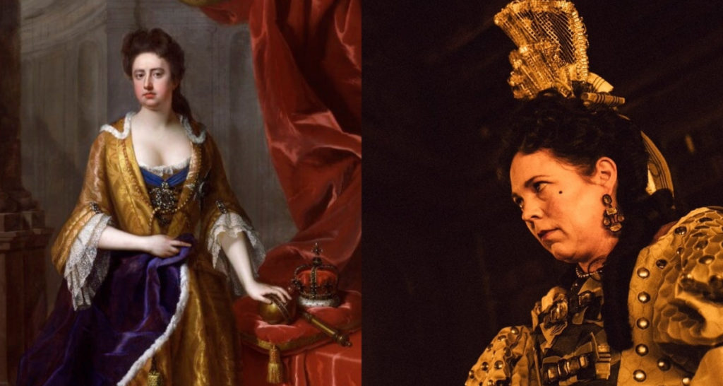 Painting of Queen Anne in the 18th century next to Olivia Colman as Queen Anne in The Favourite, a tale about a LGB monarch