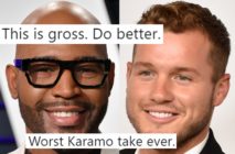 Colton Underwood from The Bachelor next to Queer Eye star Karamo Brown, overlaid with tweets.
