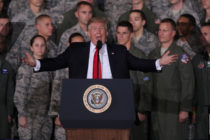 President Donald Trump speaks to Air Force personnel