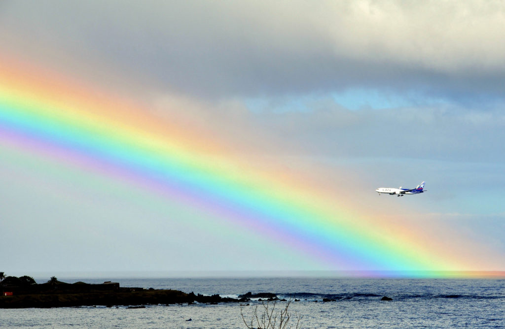 US airlines: File photo. A plane is seen next to a rainbow