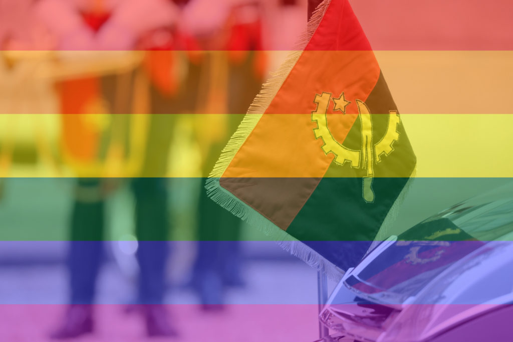 Angola flag overlaid with the LGBT pride flag