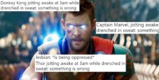 A photo of Marvel: Endgame character Thor, overlaid with tweets using the "lesbian: is being oppressed" meme format.