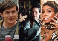 Stills from GLAAD nominees The Favourite and Love, Simon, next to a photo of US singer Janelle Monae