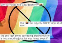 A Pride flag overlaid with tweets, some of which blame Apple for the new anti-LGBT emoji