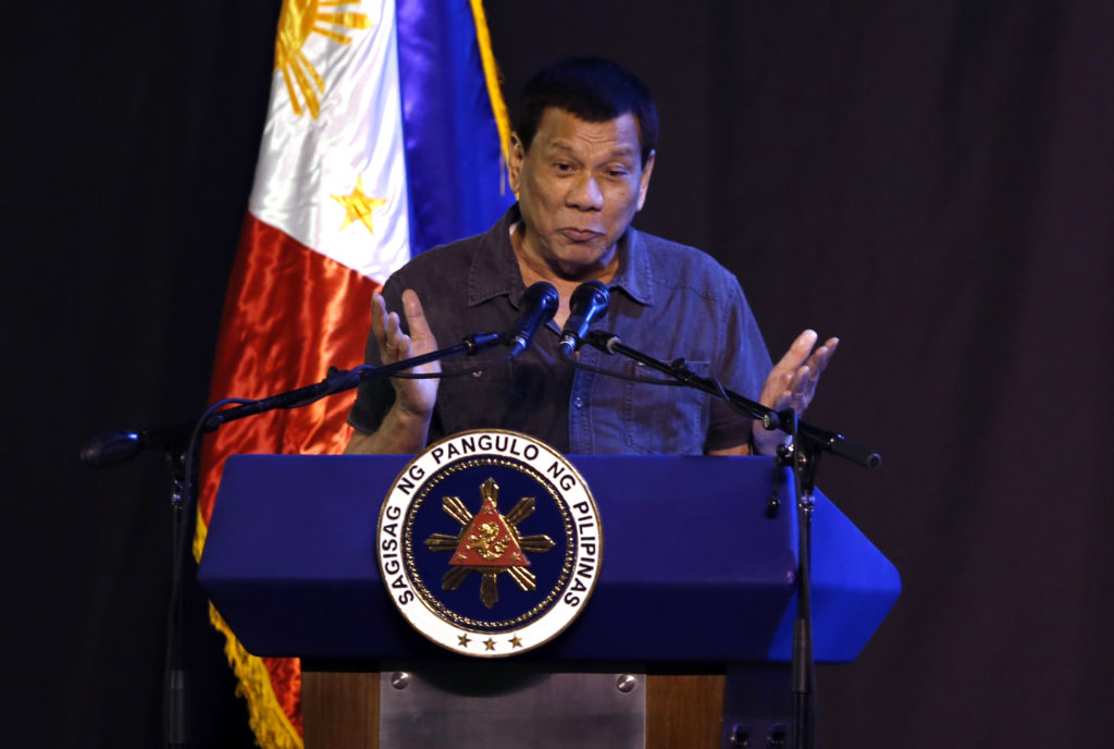 President Rodrigo Duterte speaks at the 39th birthday party of Boxer Manny Pacquiao at KCC convention center on December 17, 2017 in General Santos, Philippines.