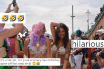 A picture from one of March of the Mermaids' events overlaid with tweets making fun of The Sun