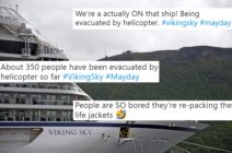This picture taken on June 28, 2018 shows the cruise ship Viking Sky near Tromso, Norway. - Emergency services said on March 23, 2019 they were airlifting 1,300 passengers off a cruise ship off the Norwegian coast. The Viking Sky cruise ship sent an SOS message due to 'engine problems in bad weather', southern Norway's rescue centre said on Twitter, while police reported the passengers would be evacuated by helicopter. The photo is overlaid with tweets.