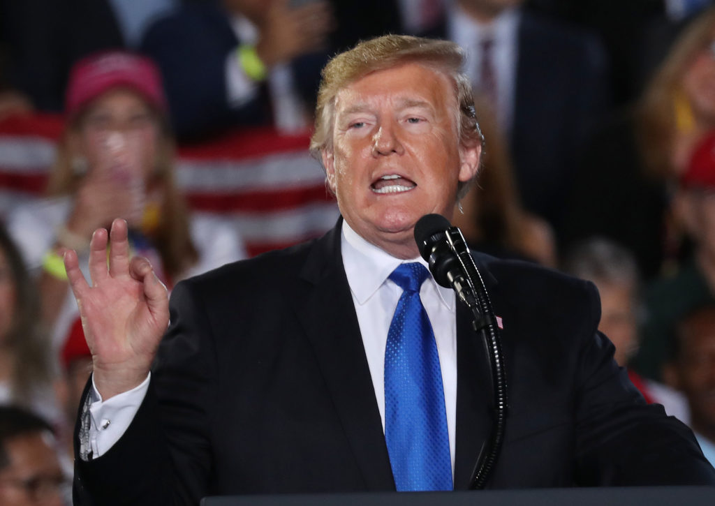President Donald Trump speaks during a rally at Florida International University on February 18, 2019 in Miami, Florida. President Trump spoke about the ongoing crisis in Venezuela