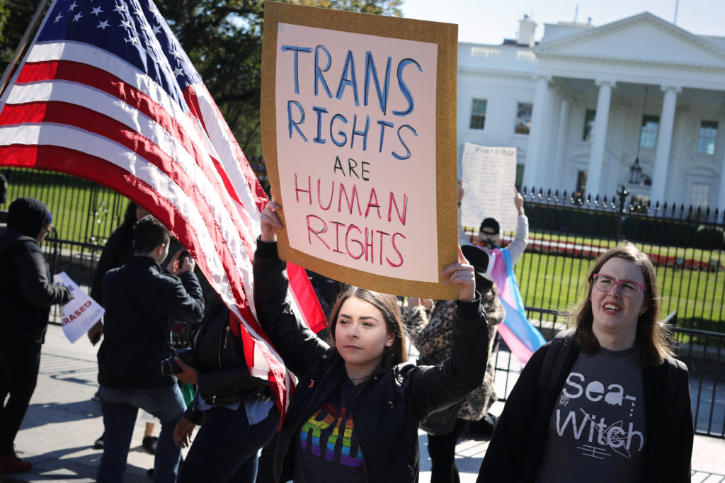 A leaked memo from the Republican-controlled Department of Health and Human Services led LGBT activists from the National Centre for Transgender Equality, partner organisations and their supporters to hold a 'We Will Not Be Erased' rally in front of the White House on October 22, 2018 in Washington, DC