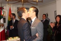 Gay Mexican couple share their first kiss after being pronounced married.