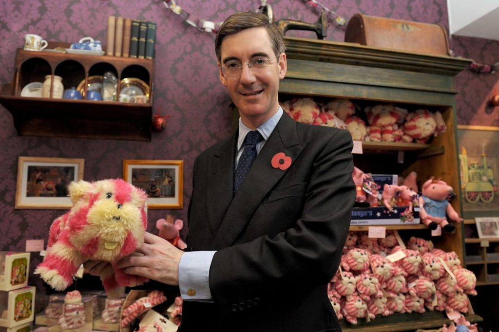LONDON, ENGLAND - NOVEMBER 03: (EXCLUSIVE COVERAGE) Jacob Rees-Mogg visits the new Bagpuss Pop-up Shop at Whitelys Shopping Centre on November 3, 2011 in London, England. (Photo by Ben Pruchnie/Getty Images)