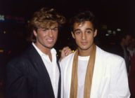 1984: British singer songwriter George Michael, lead singer of the pop group Wham!, with the group's guitarist Andrew Ridgeley at the film premiere of the hit 'Dune'. (Photo by Hulton Archive/Getty Images)