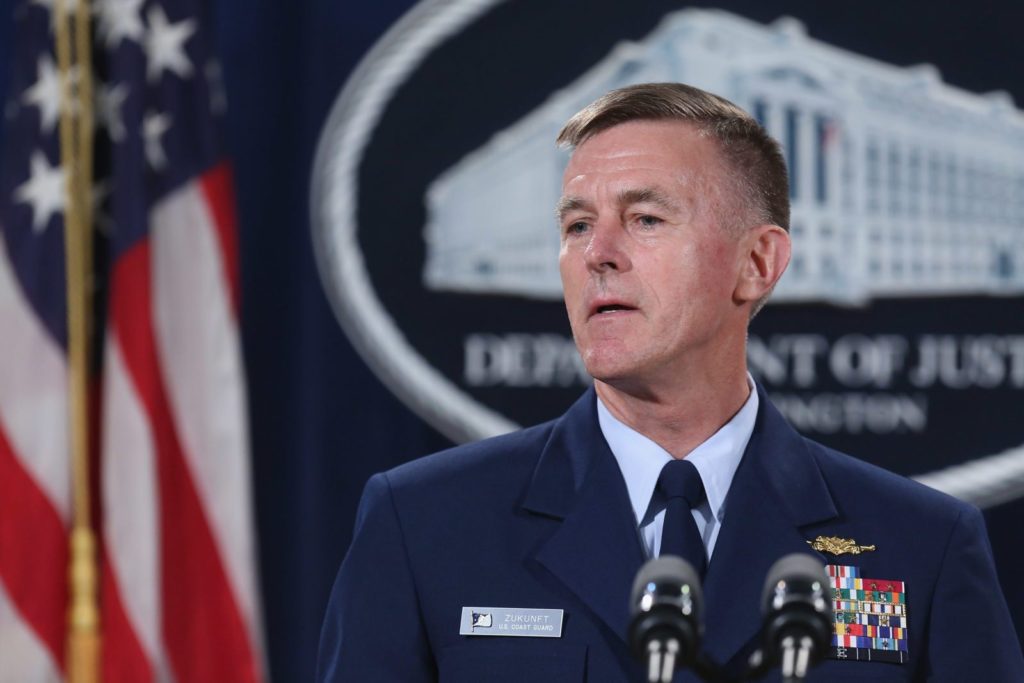 WASHINGTON, DC - OCTOBER 05: U.S. Coast Guard Commandant Admiral Paul Zukunft announces the resolution of federal and state claims against BP for the April 2010 Deepwater Horizon Oil Spill at the Robert F. Kennedy building October 5, 2015 in Washington, DC. The April 2010 Deepwater Horizon explosion killed 11 workers and spilled nearly 134 million gallons of oil into the Gulf of Mexico. According to settlements with the government, BP will pay about $20 billion in fines and penalties, natural restoration work, economic and other claims over an 18-year period. (Photo by Chip Somodevilla/Getty Images)