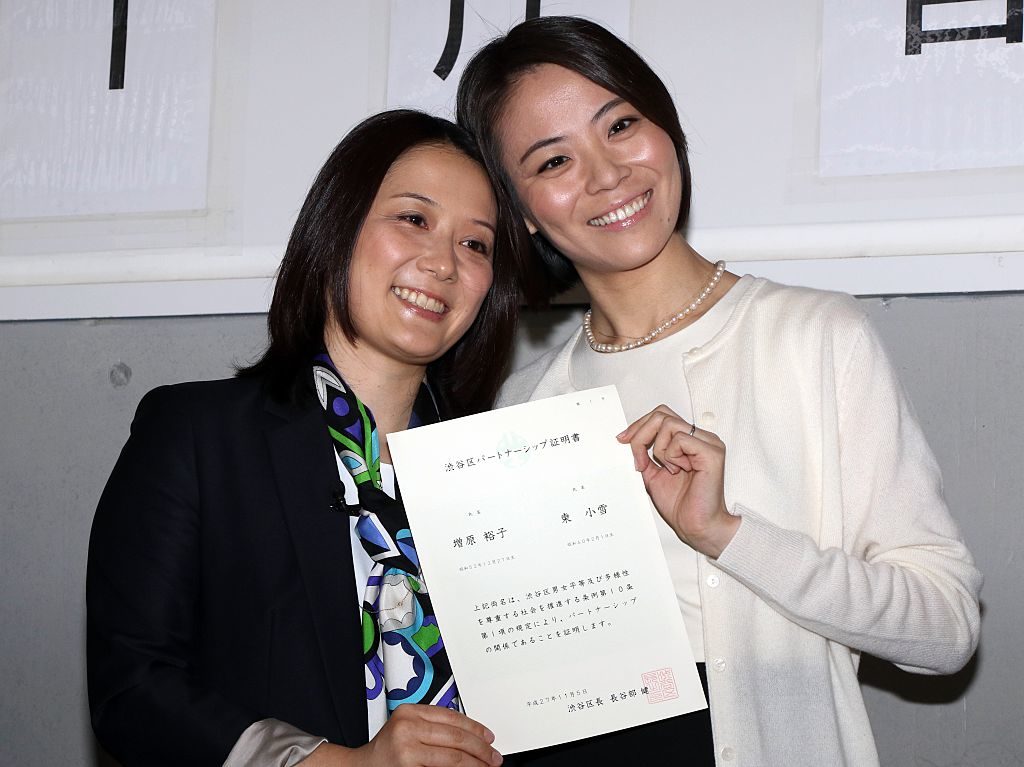 Japanese lesbian couple Hiroko Masuhara (L) and Koyuki Higashi display a certification paper of "partnership" after receiving it at the Shibuya ward office in Tokyo on November 5, 2015. While the certificates are not legally binding, the district hoped they would encourage hospitals and landlords to ensure same-sex couples receive similar treatment to married people. AFP PHOTO / Yoshikazu TSUNO (Photo credit should read YOSHIKAZU TSUNO/AFP/Getty Images)