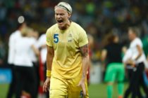 Sweden's defender Nilla Fischer reacts after losing to Germany in the Rio 2016 Olympic Games women's football Gold medal match at the Maracana stadium in Rio de Janeiro, Brazil, on August 19, 2016. / AFP / Odd Andersen (Photo credit should read ODD ANDERSEN/AFP/Getty Images)