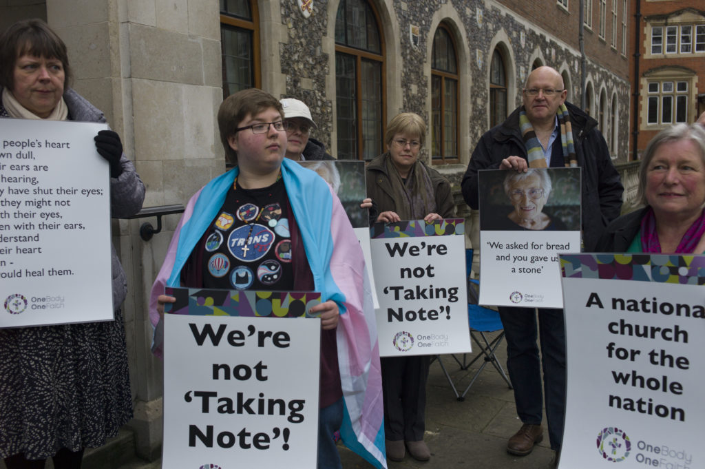 Members of the LGBT community stage a peaceful protest against the church of England in 2017 in London, England.