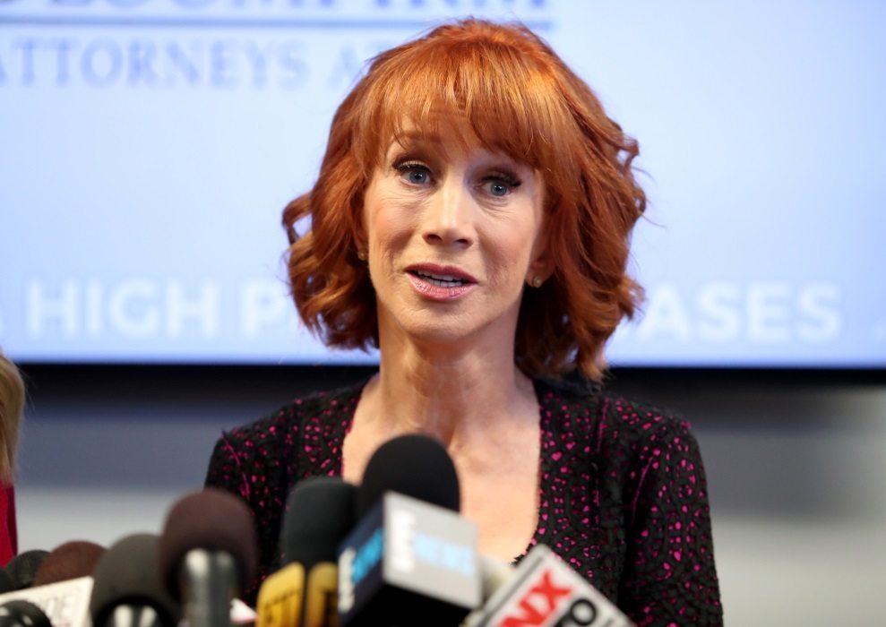 Kathy Griffin and her attorney Lisa Bloom speak during a press conference at The Bloom Firm on June 2, 2017 in Woodland Hills, California. Griffin is holding the press conference after a controversial photoshoot where she was holding a bloodied mask depicting President Donald Trump and to address alleged bullying by the Trump family.
