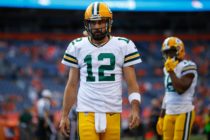 DENVER, CO - AUGUST 26: Quarterback Aaron Rodgers #12 of the Green Bay Packers warms up before a Preseason game against the Denver Broncos at Sports Authority Field at Mile High on August 26, 2017 in Denver, Colorado. (Photo by Justin Edmonds/Getty Images)