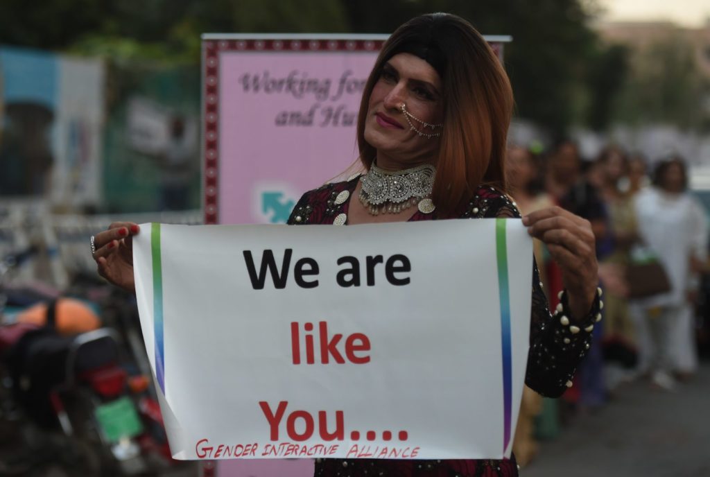 A Pakistani transgender activist poses for a photograph as they take part in a demonstration in Karachi on November 20, 2017. The event was held to mark World Transgender Day. / AFP PHOTO / ASIF HASSAN (Photo credit should read ASIF HASSAN/AFP/Getty Images)