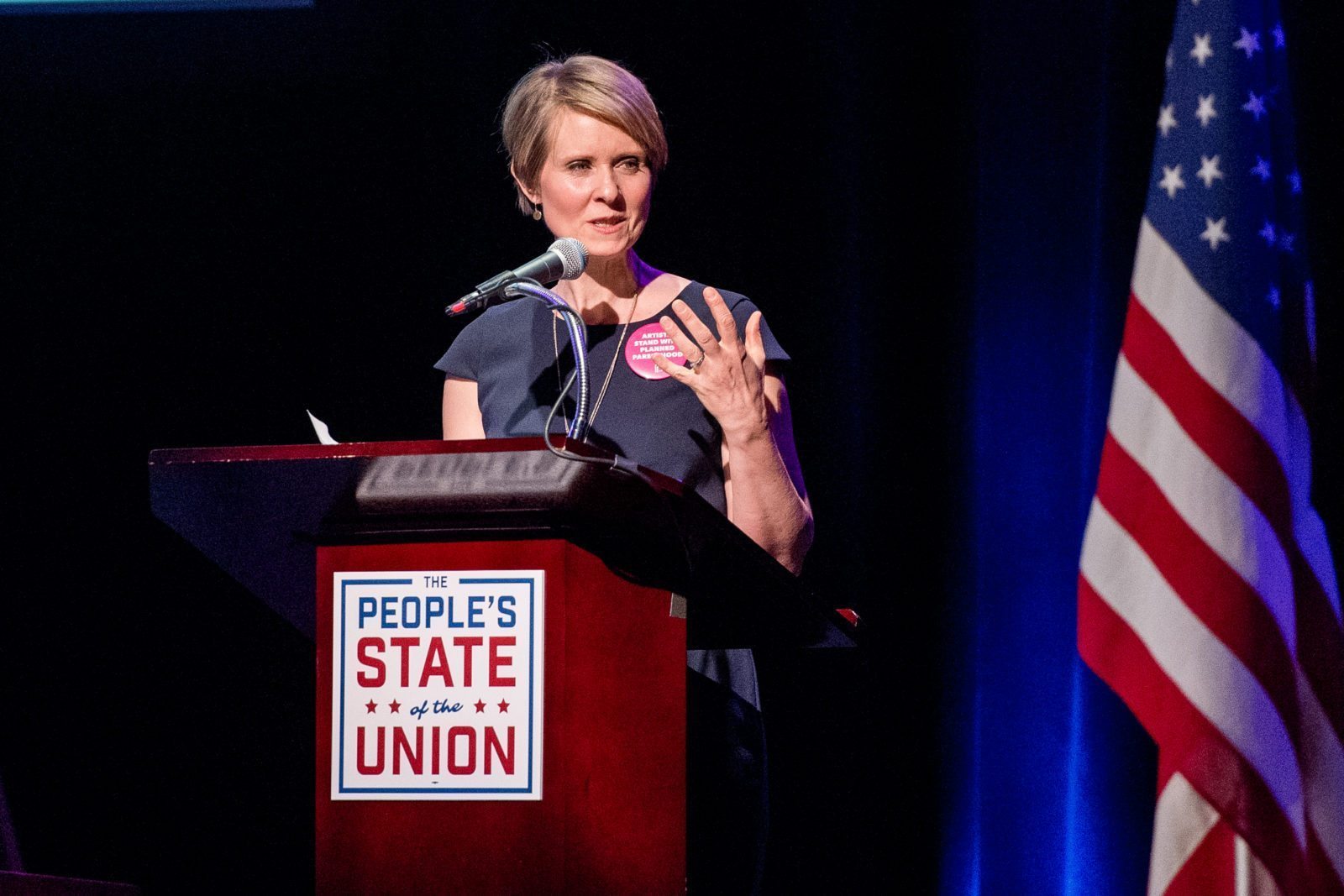 NEW YORK, NY - JANUARY 29: Cynthia Nixon speaks onstage during The People's State Of The Union at Town Hall on January 29, 2018 in New York City. (Photo by Roy Rochlin/Getty Images)