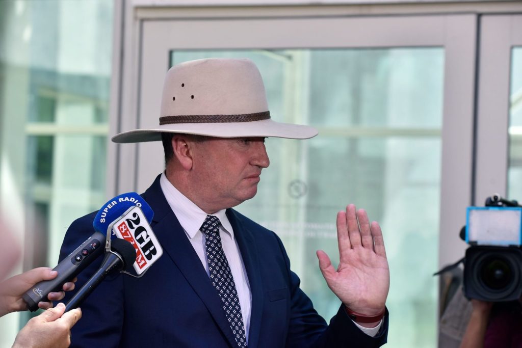 CANBERRA, AUSTRALIA - FEBRUARY 16: Barnaby Joyce speaks to the press on February 16, 2018 in Canberra, Australia. Mr Joyce announced last week that he had separated from his wife and was expecting a child with his former media adviser Vikki Campion. Since then, speculation has mounted that the National Party leader may have to resign as Deputy Prime Minister. (Photo by Michael Masters/Getty Images)