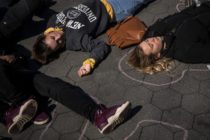 NEW YORK, NY - APRIL 20: Student activists participate in a 'die-in' to protest gun violence at Washington Square Park, near the campus of New York University, April 20, 2018 in New York City. On the anniversary of the 1999 Columbine High School mass shooting, student activists across the country are participating in school walkouts to demand action on gun reform. (Photo by Drew Angerer/Getty Images)