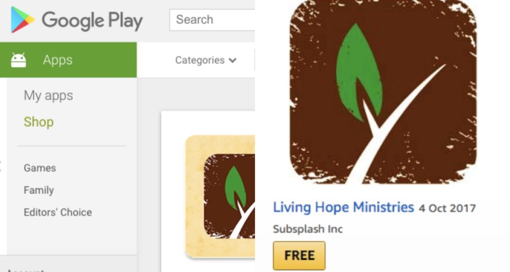 Google and Amazon's app stores: Living Hope Ministries app