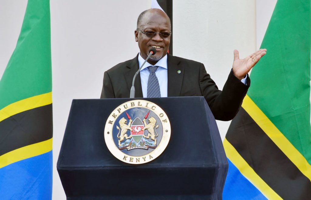 Tanzanian President John Pombe Magufuli speaks during a joint press conference with Kenyan President on October 31, 2016 at the State House in Nairobi. President Magufuli is in the country for a two-day state visit. / AFP / SIMON MAINA (Photo credit should read SIMON MAINA/AFP/Getty Images)
