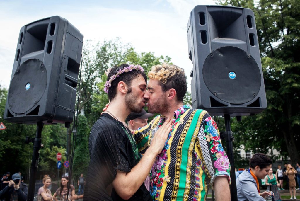 Participants of the Gay Pride kiss, on June 7,2014, in Bucharest, Romania. AFP PHOTO / ANDREI PUNGOVSCHI (Photo credit should read ANDREI PUNGOVSCHI/AFP/Getty Images)