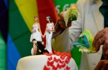 Delegates of the Greens cut a wedding cake in rainbow colors