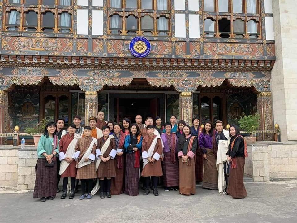 Members of Bhutan's LGBT community outside of the National Assembly building.