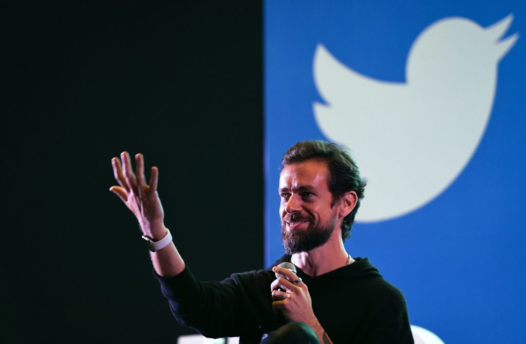 Twitter CEO and co-founder Jack Dorsey gestures while interacting with students at the Indian Institute of Technology in New Delhi
