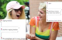 A photo of two women holding hands, overlaid with some examples of a gay meme