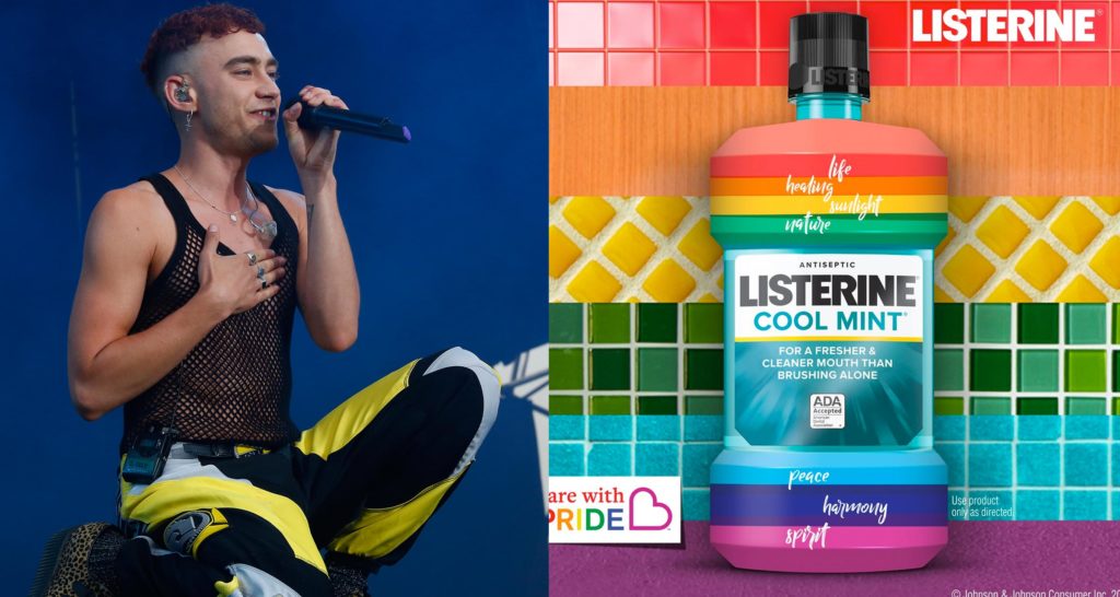 Olly Alexander kneeling on stage and a rainbow Listerine bottle