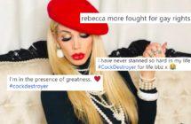 Porn star Rebecca More poses with overlaid tweets