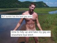 A naked man poses in a natural setting, with text covering his nether regions
