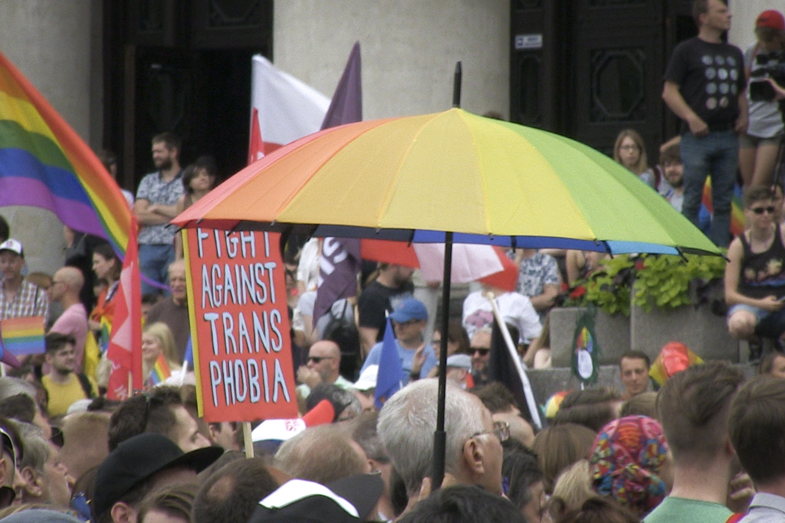 people gathered in the center of Warsaw, Poland on July 27, 2019 in support of LGBT rights following a pride march turned violent in the city of Bialystok
