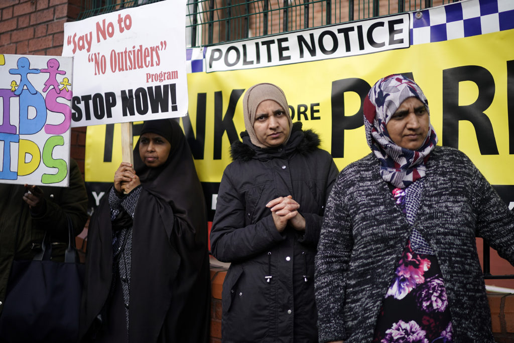 Parkfield School: Parents, children and protesters demonstrate against the 'No Outsiders' programme, which teaches children about LGBT rights, at Parkfield Community School on March 21, 2019 in Birmingham, England.