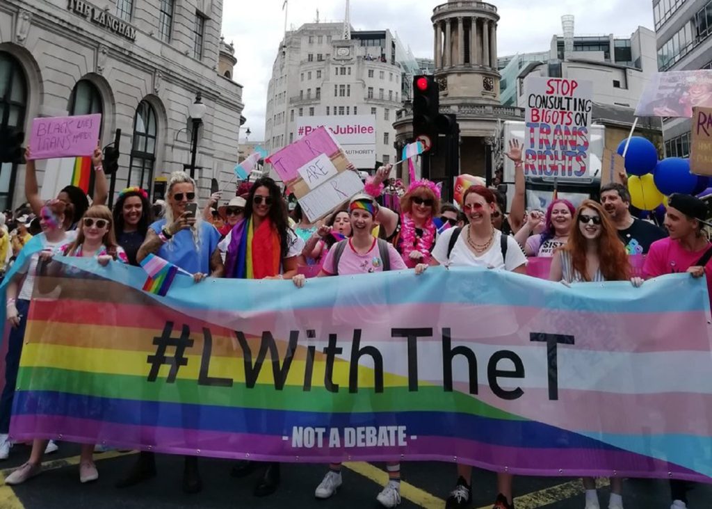 L with the T protesters lead the Pride in London parade