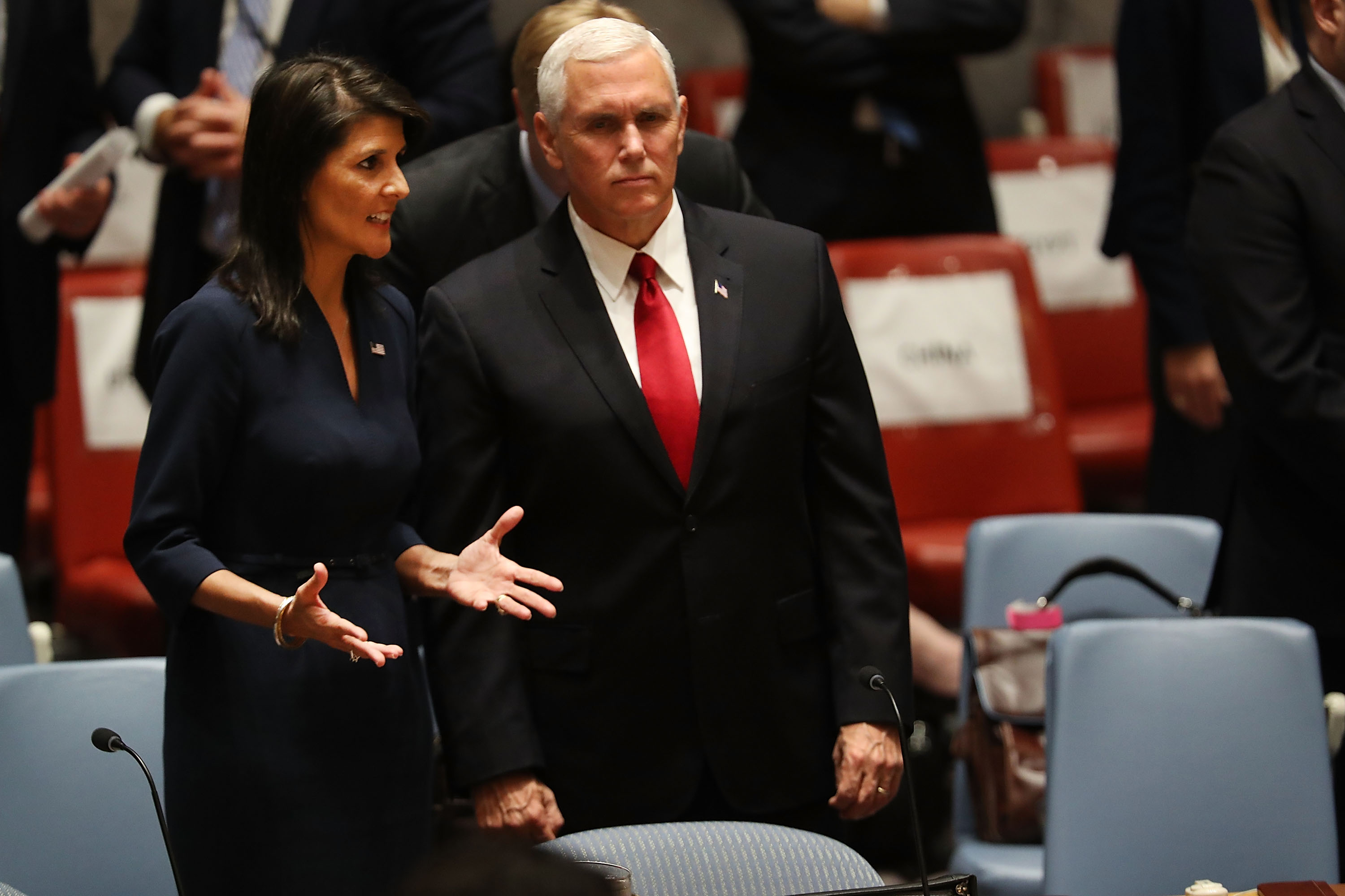U.S. Vice President Mike Pence stands with then-Ambassador to the United Nations Nikki Haley on September 20, 2017
