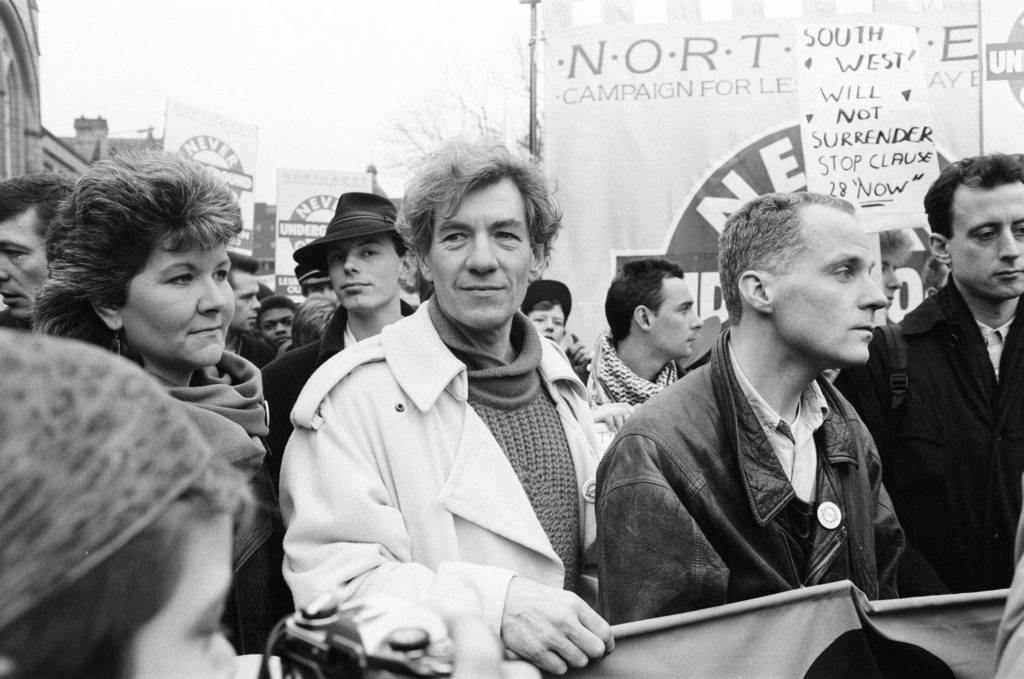 Michael Cashman and Ian McKellen at an LGBT+ protest march in 1988