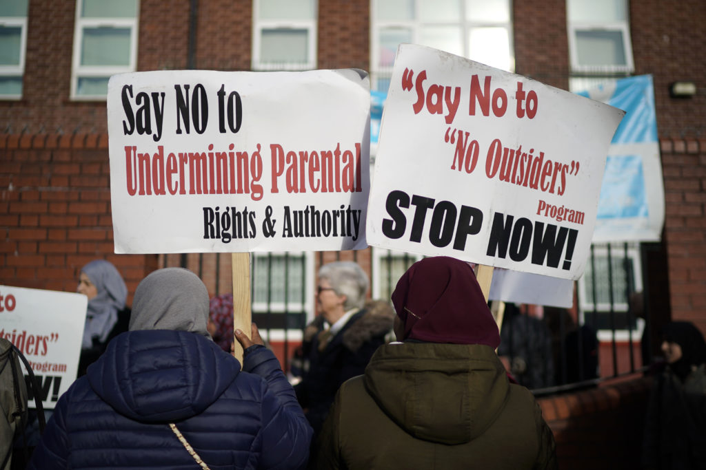 Protesters demonstrate against the 'No Outsiders' programme at Parkfield Community School on March 21, 2019 in Birmingham, England.