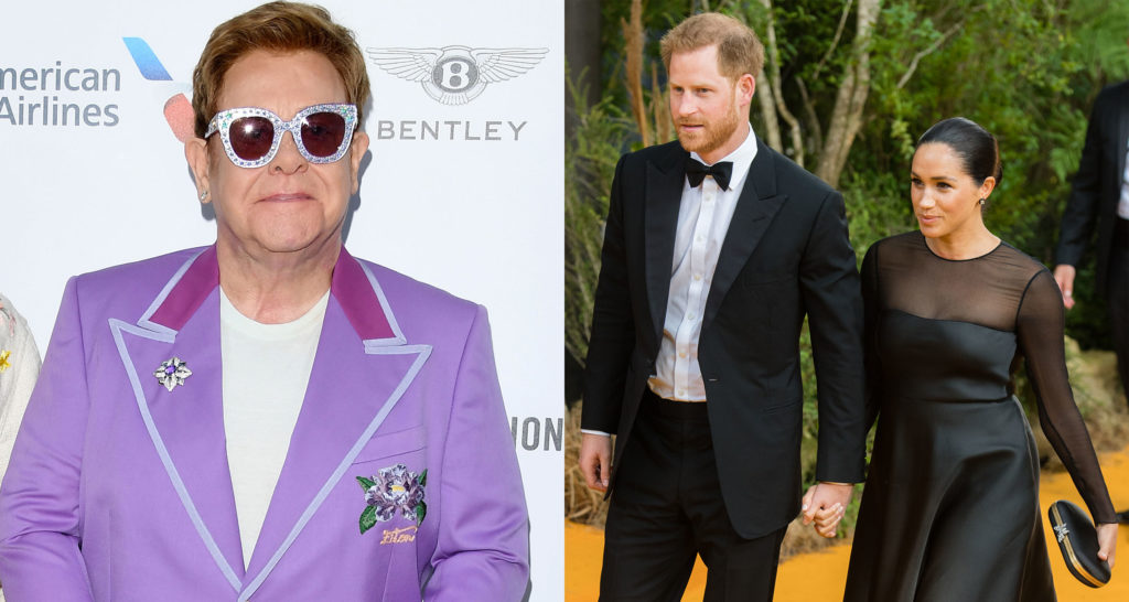 Elton John in sunglasses/ Prince Harry holding Meghan Markle's hand
